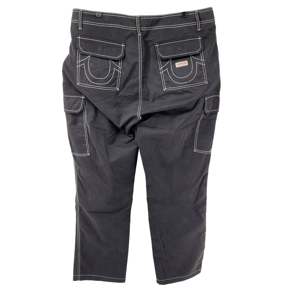 True Religion Cargo Pants Mens 38 Black Contrast Stitch Big‎ T Relaxed Straight